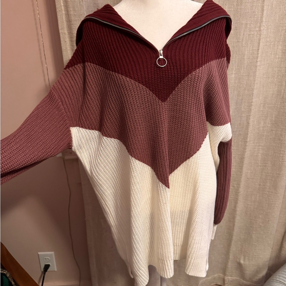 BloomChic Burgundy and Cream V-Neck Sweater